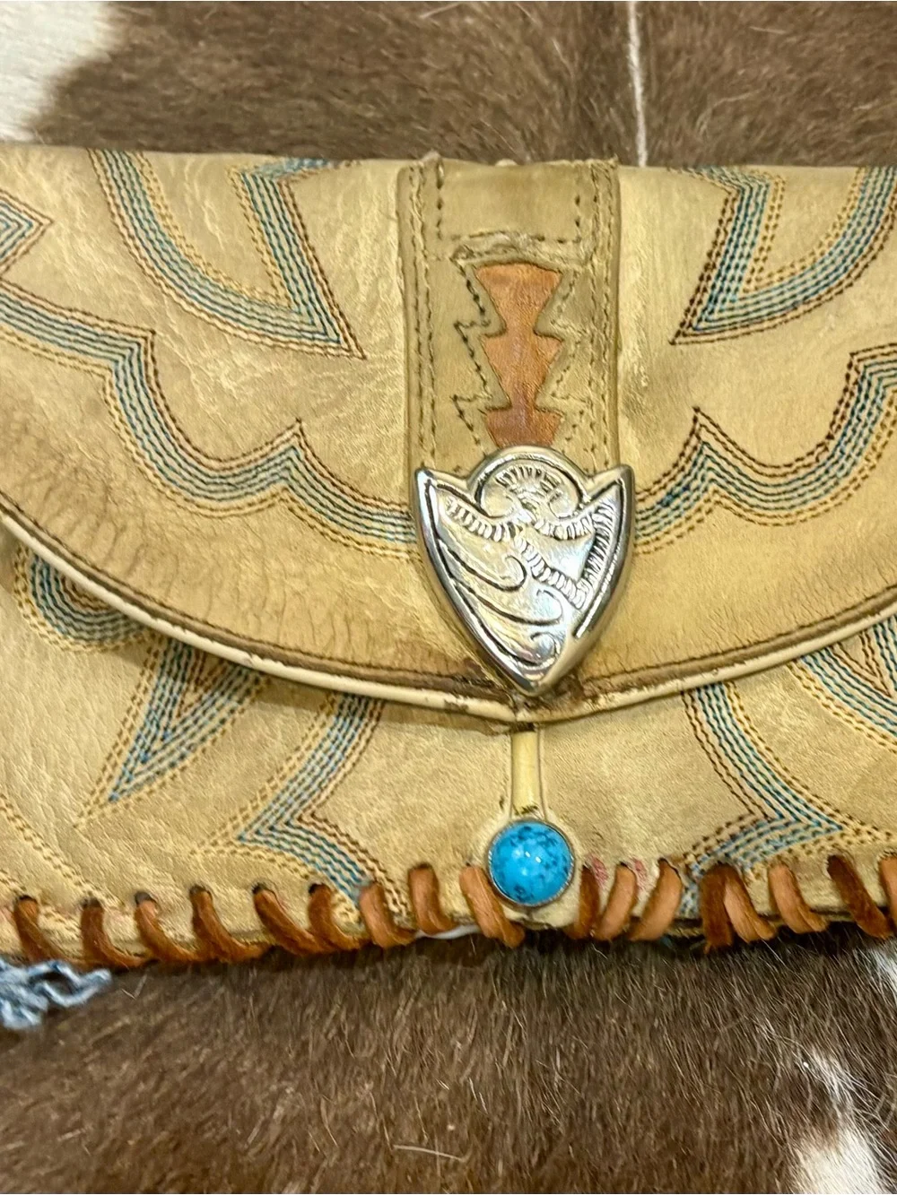 Vintage Tan Leather Western Clutch with Turquoise Accent